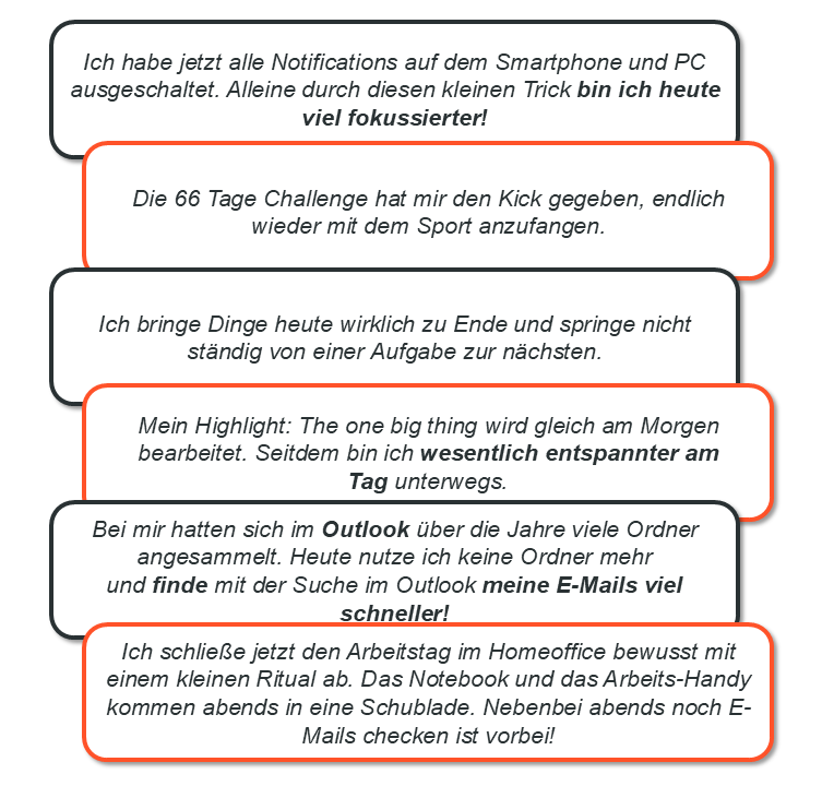 Kundenaussagen zum Seminar "66 Tage Zeitmanagement Challenge" | Hartmut Sieck